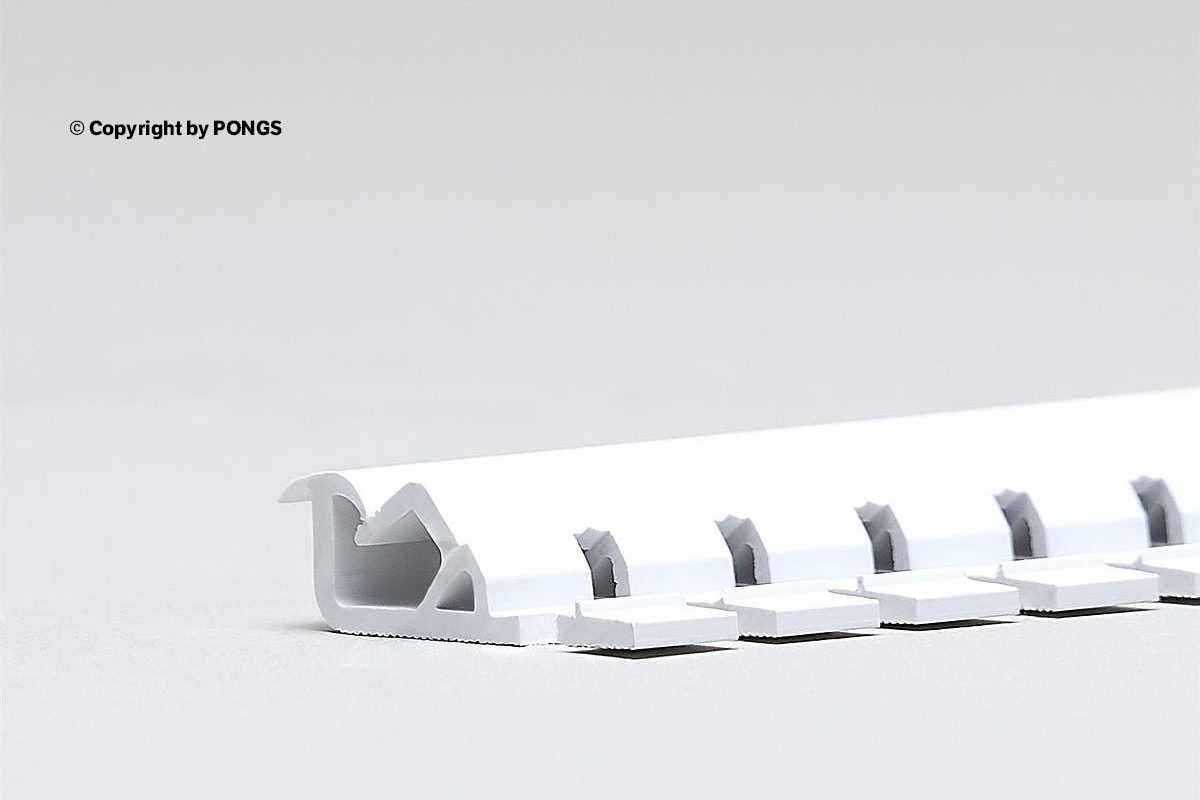 098006 DESCOR APC clamping profile
extruded PVC with flexible inner lip
Length: 200 cm/piece
Colour: White
Height: 10 mm
Width: 30 mm